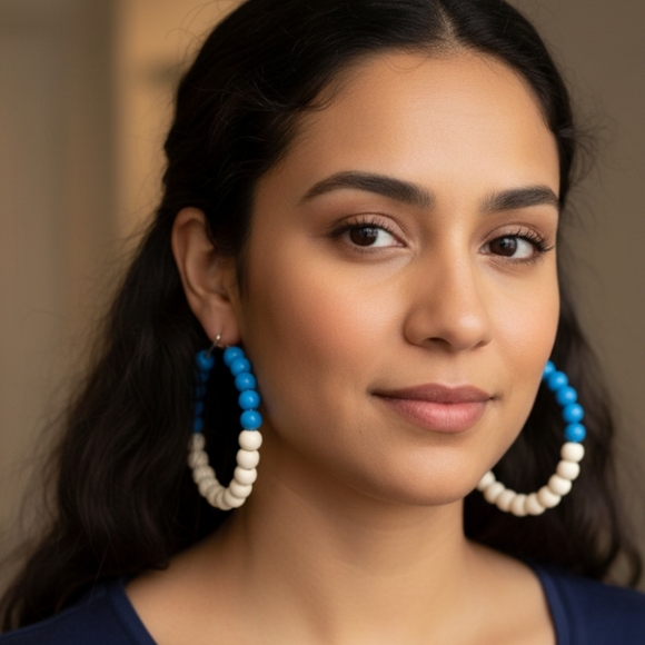 Large hoop earrings, large wooden bead earrings, earrings with blue and white3.0 - Picture 6 of 9